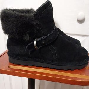 Bearpaw Koko Wide Bootie Boots Seude Sheep Skin Wool Buckle Black Woman's SZ 9